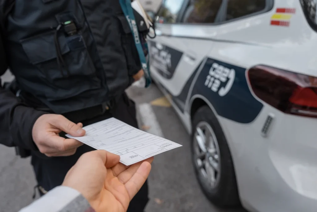 Une personne qui tend une carte grise de voiture à un policier